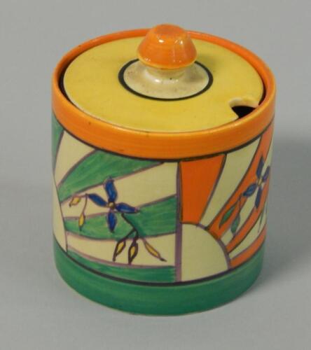 A Newport Pottery Clarice Cliff Sunray Leaves preserve pot and a matched lid