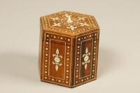 A late 19th/early 20thC Indian Vizagapatam style rosewood and ivory inlaid hexagonal tea caddy