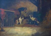 George Armfield (1808-1893). Stable interior with horse and three dogs