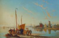 William Raymon Dommersen (1850-1927). Continental harbour scene with fishing boats and figures