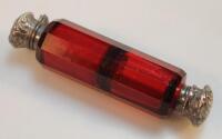 A Victorian red glass double ended scent bottle