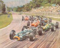 After Michael Turner. Two prints depicting a 1965 BRM driven by Jackie Stewart at Monza