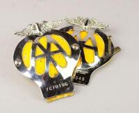 A pair of mid 20thC AA car badges