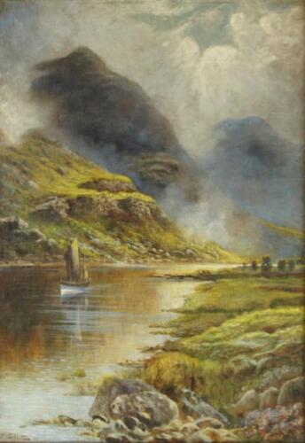 F. Gill. Highland loch scene with a sailing boat and sun breaking through the mountain mist