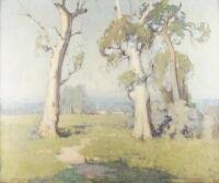 William Dunn Knox (1880-1945). Australian landscape with trees in the foreground and buildings in th