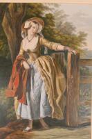 After George Baxter (1804-1867). Lady aside a gate print