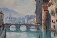 Thibault (20thC). Continental scene bridge before houses and mountains