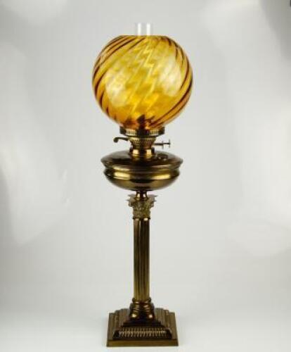 A brass Corinthian column table oil lamp