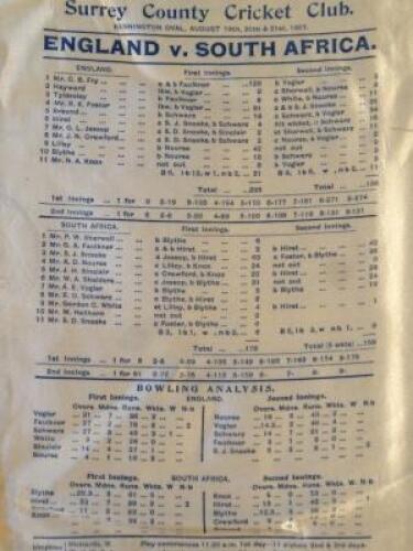 An early 20thC cricket scorecard for England versus South Africa