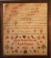 A Victorian pictorial alphabetic and motto sampler by Annie Maria Poynor aged 9