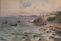 F Moorland (19thC). Seascape boats before cliff face and another boats before houses