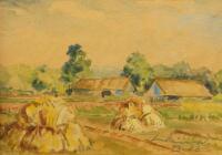 A 20thC Continental school. Rural scene with haystacks and barns