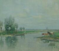 Ferdinand Bernhard Hoppe (1841-1922). River landscape with windmill