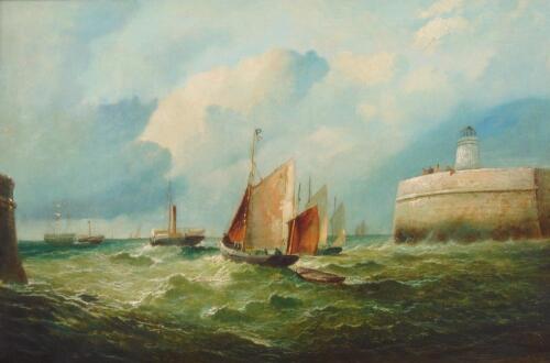 John Wallace (1841-1905). Harbour scene with masted and paddle ships