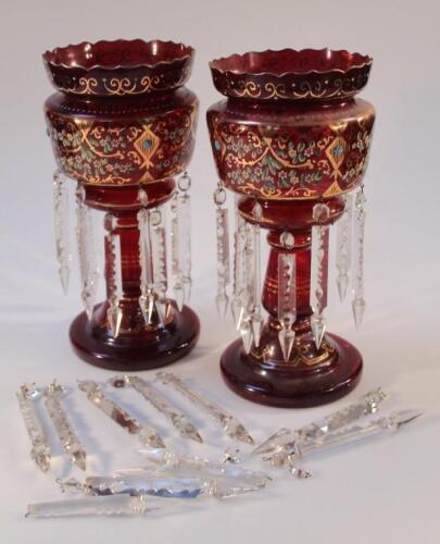 A pair of Victorian ruby glass lustres