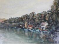 E M King (20thC). Calm waters before houses and hill on a summer's day