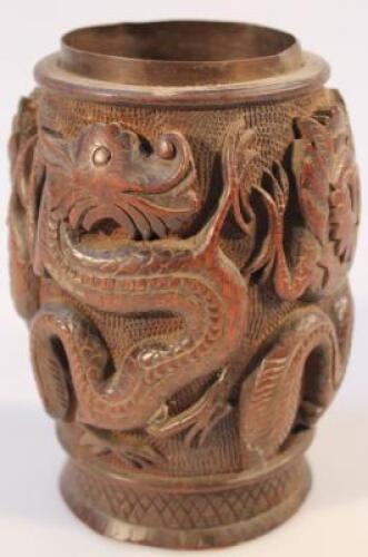 A heavily carved Chinese hardwood brush pot