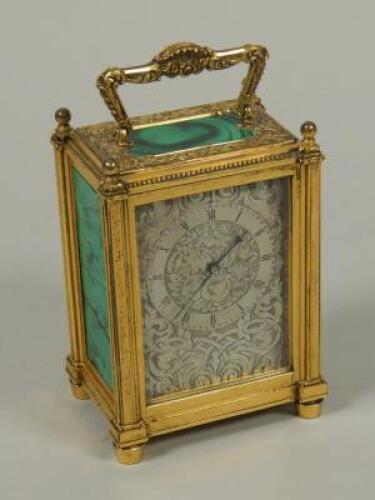 A Victorian gilt metal and malachite mounted carriage timepiece