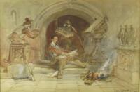 Charles Cottermole RI (1832-1900). Depicting Charles I period soldiers by fireside and font