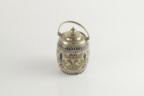 A Doulton Lambeth silver plated barrel pot