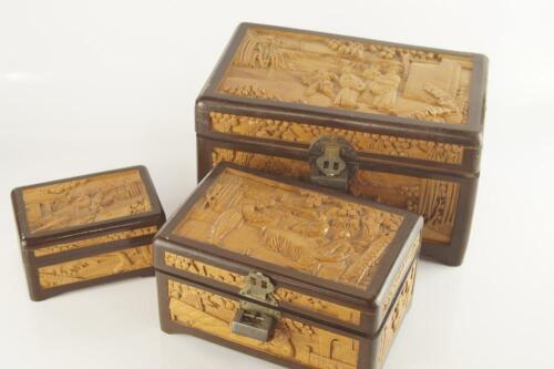 A set of three graduated Oriental style camphorwood style boxes