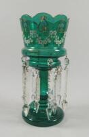 A Victorian green tinted glass lustre