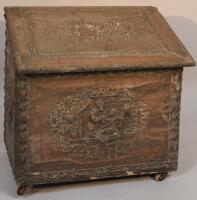 An early 20thC brass oak lined coal box