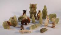 A quantity of polished green onyx figures of animals