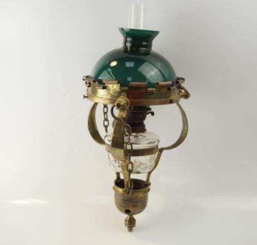 A pair of early 20thC brass paraffin drop lamps