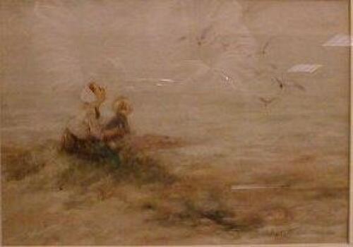 James G Faulds (20th Century). Study of 2 children by the sea with seagulls