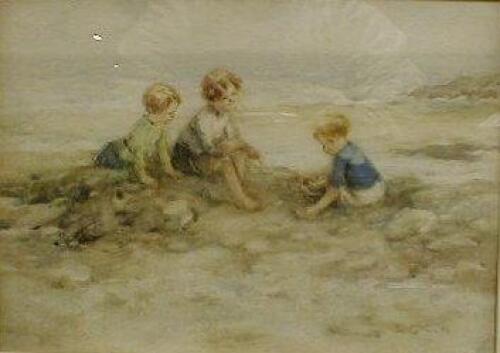 James G Faulds (20th Century). Children playing on a beach with fishing net