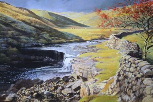 *Sir Robert Nicholls (20thC). Yorkshire stream before wall and mountains