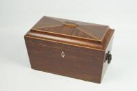 A Victorian mahogany string inlaid sarcophagus tea caddy.