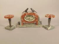 A French Art Deco marble clock garniture