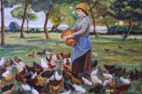 Peter Barrell (20thC). Farm hand feeding hens in an orchard