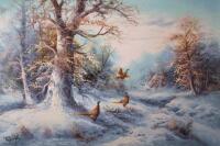 R Danford (20thC). Pheasants in a winter landscape before trees