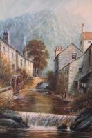 Milton Drinkwater (1860-1917). Stream and bridge aside watermill and houses