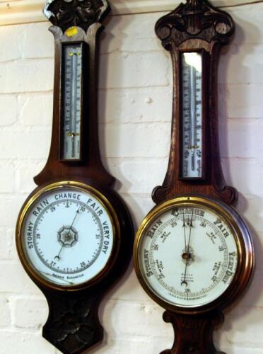 Young Barometer Two 1920s/30s carved oak aneroid wheel barometers