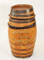 A coopered barrel marked Kirker Greer and Company