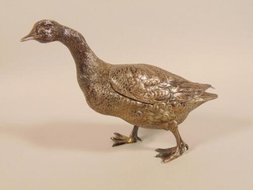 A late 19thC Continental white metal figure of a goose