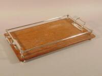 An inlaid oak and silver plate mounted rectangular tray