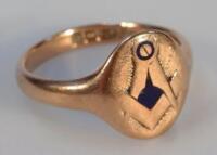 A Masonic 9ct gold and blue enamel signet ring