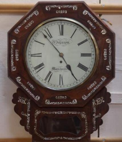 A late Victorian inlaid rosewood drop dial wall clock