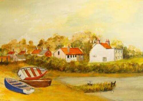 A Saunders. Coastal scene with cottages and boats