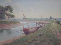 J T Burgess. A river scene with beached sailing boat