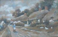 19thC British School. Rural scene with thatched cottages and maiden