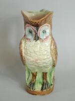 A 19thC majolica owl shaped relief moulded jug