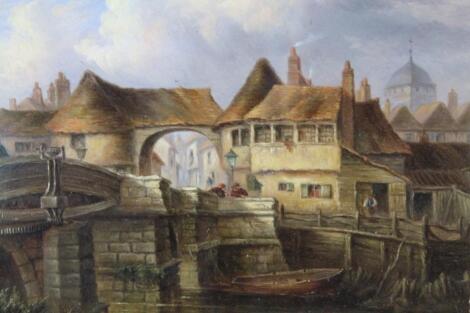 J Williams (19thC). Continental townscape with river in the foreground before figures