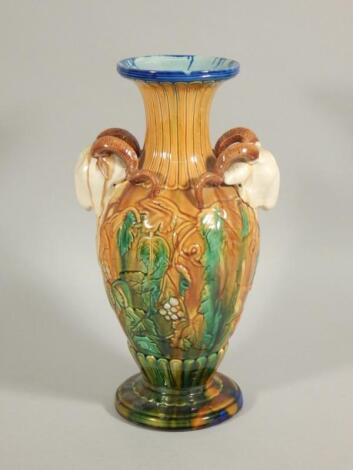 A modern majolica two handled vase