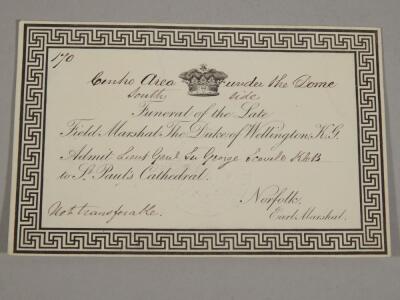 A ticket for the funeral of The Duke of Wellington to Sir George Scovell K.C.B.